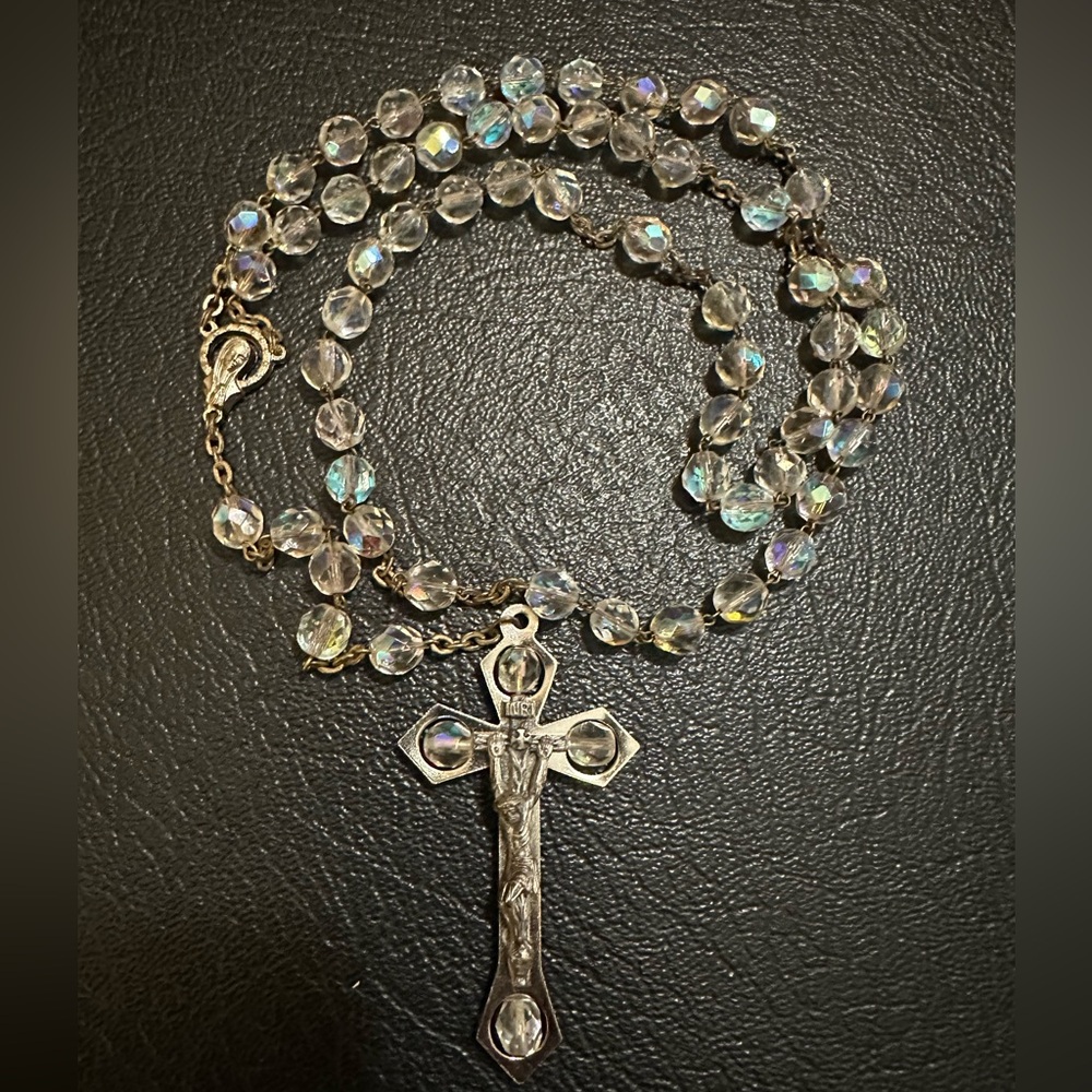 Vintage Aurora Borealis Faceted Crystal Bead Catholic Rosary  ITALY, 21”